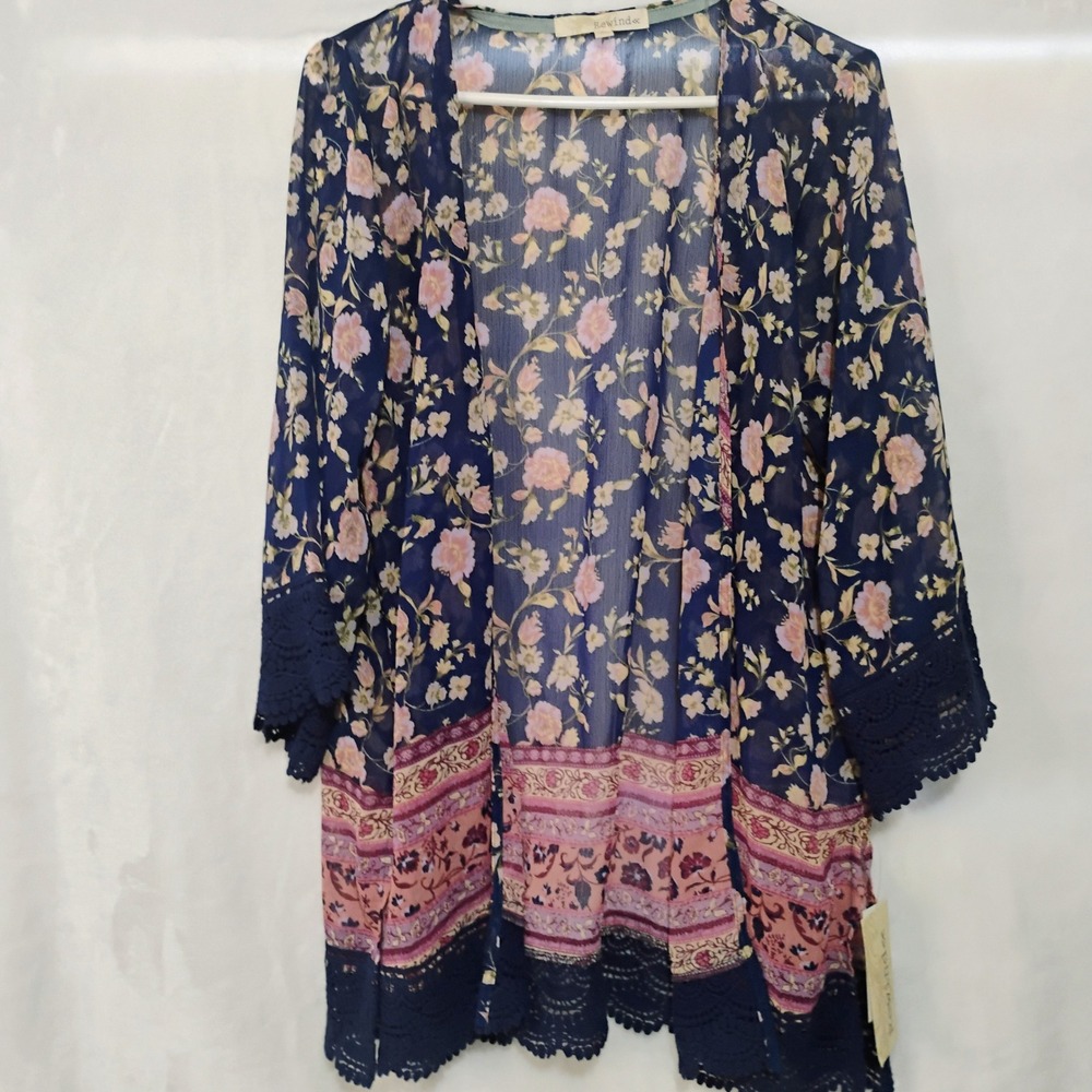 Rewind Women Navy Blue Floral Crochet Lace Trim Sheer Cardigan Medium NWT X